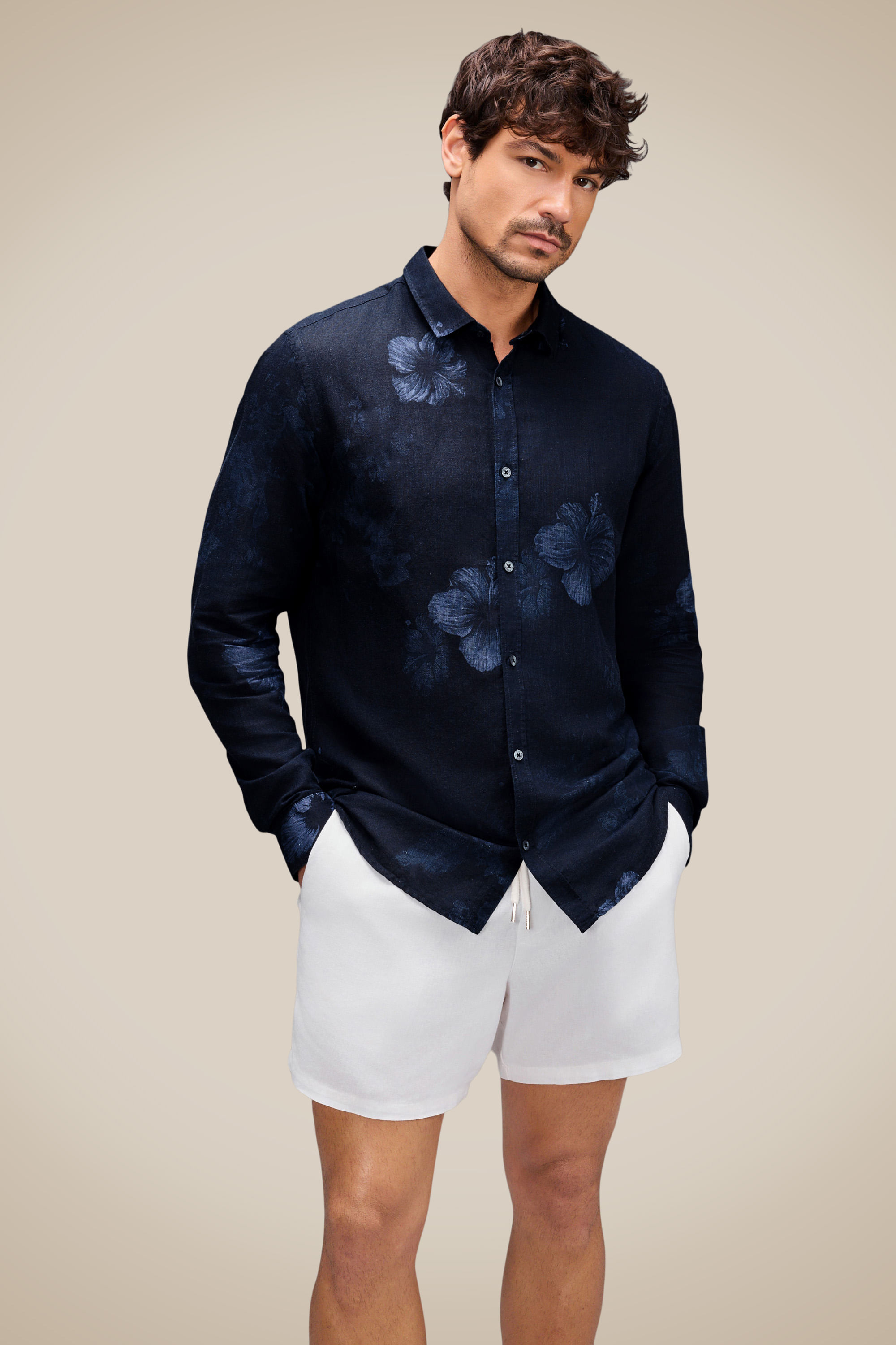Camisa Ml Linho Estampada Indigo  Bloom