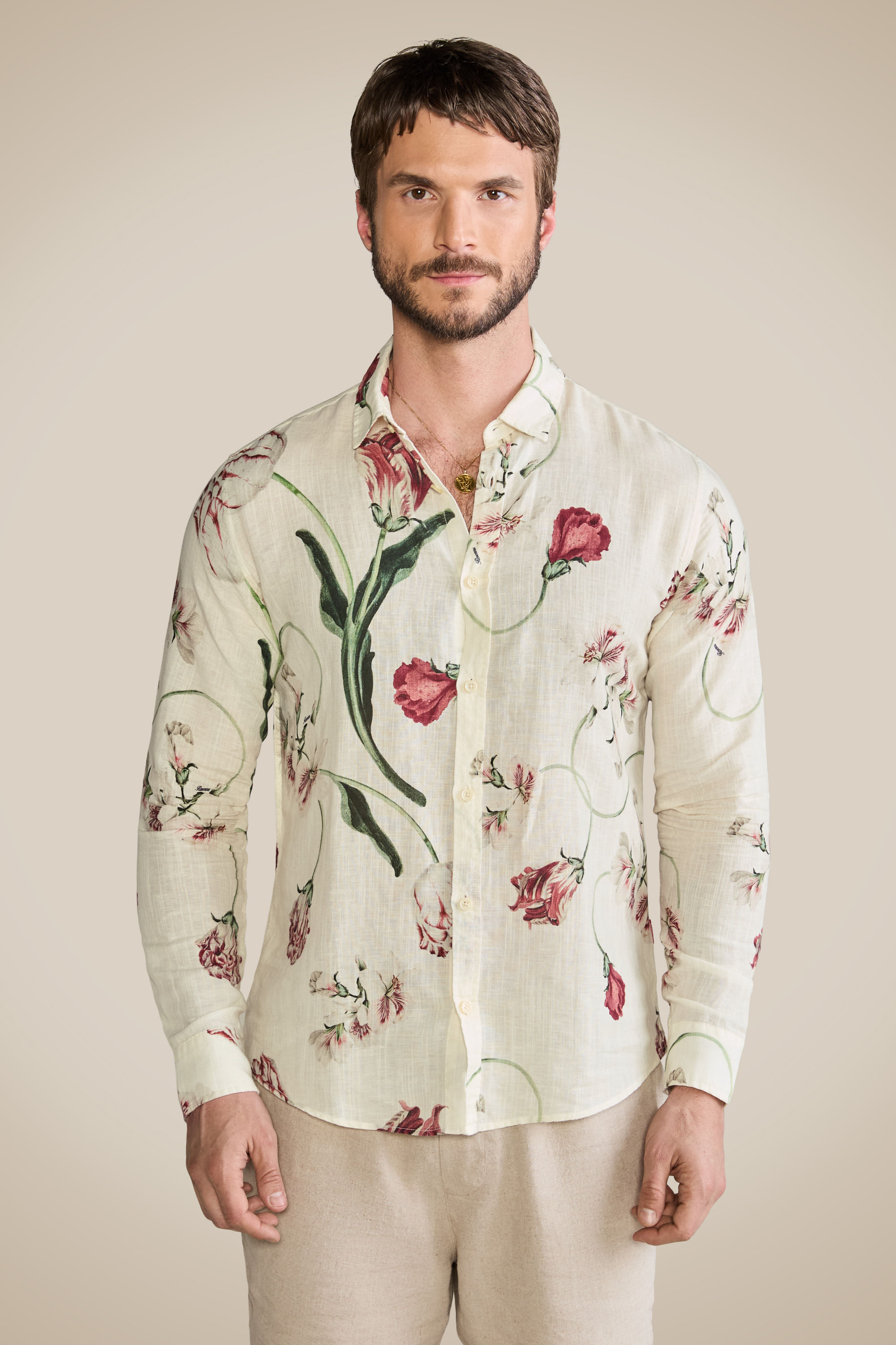 Camisa Ml Linho Est Lente Floral - Off White - M