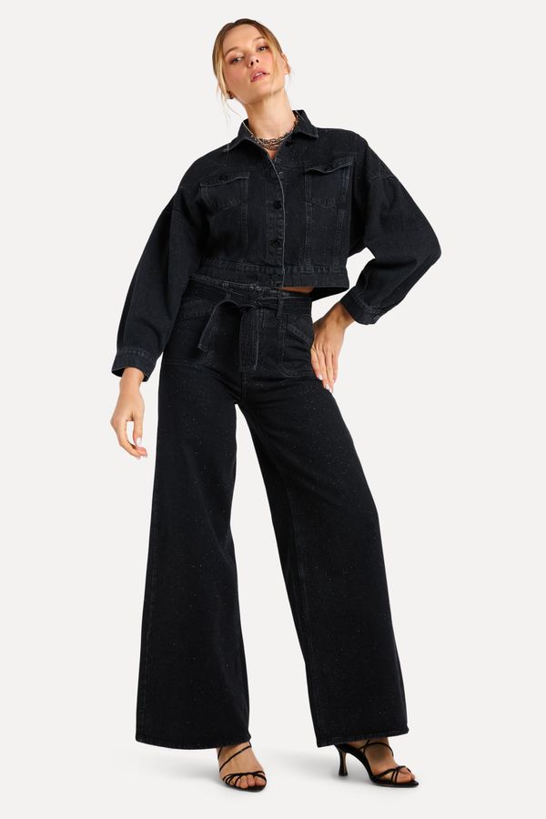 CALCA BLACK JEANS WIDE LEG HIGH GLITER