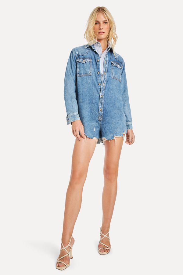 Macaquinho Jeans Manga Longa