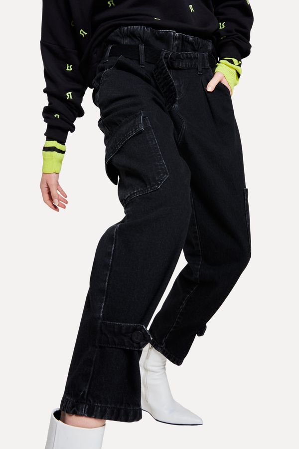 Calca Jeans Mommy Tina High Black Cargo