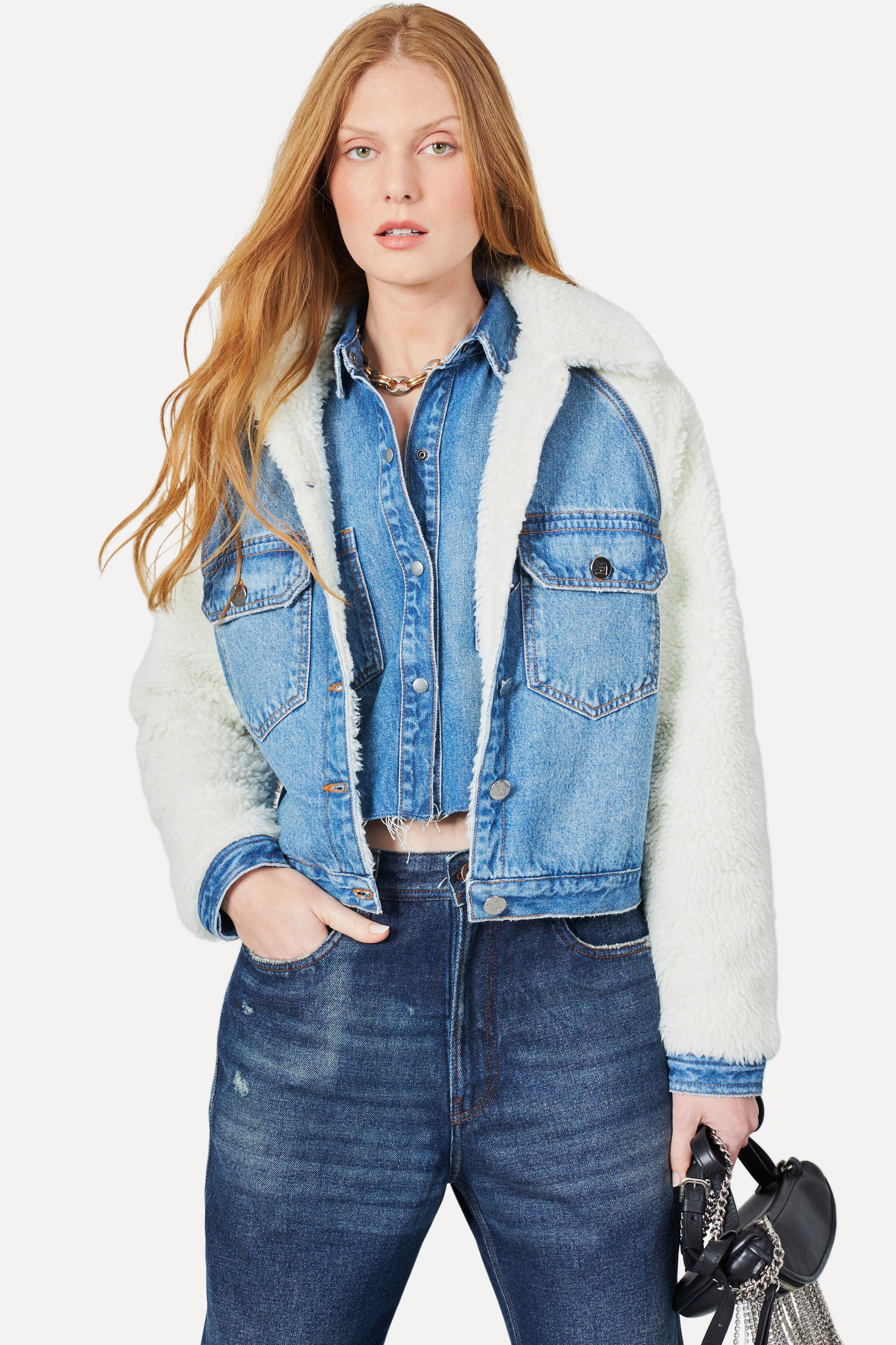 Jaqueta Jeans Sherpa Raglan