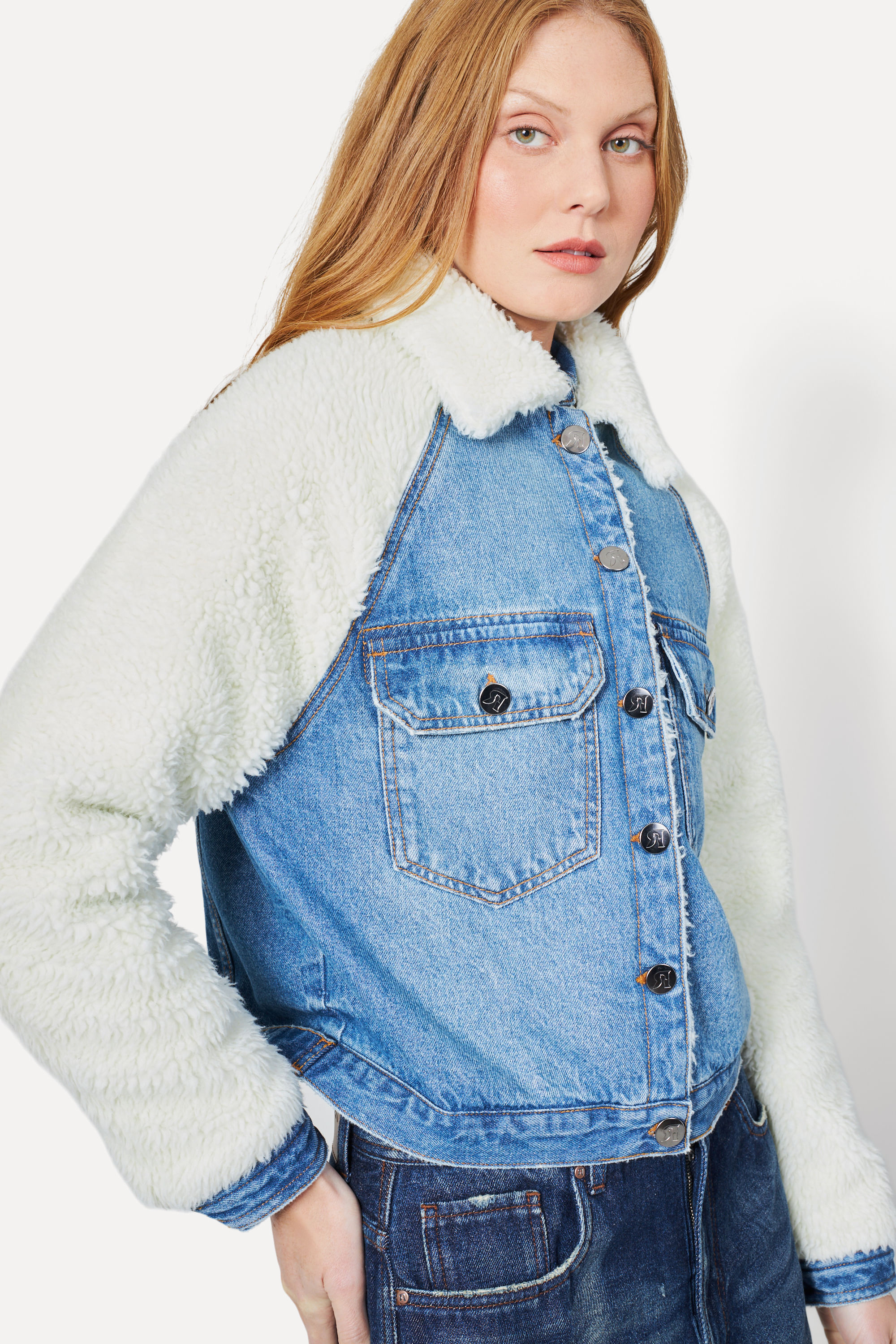 Jaqueta Jeans Sherpa Raglan