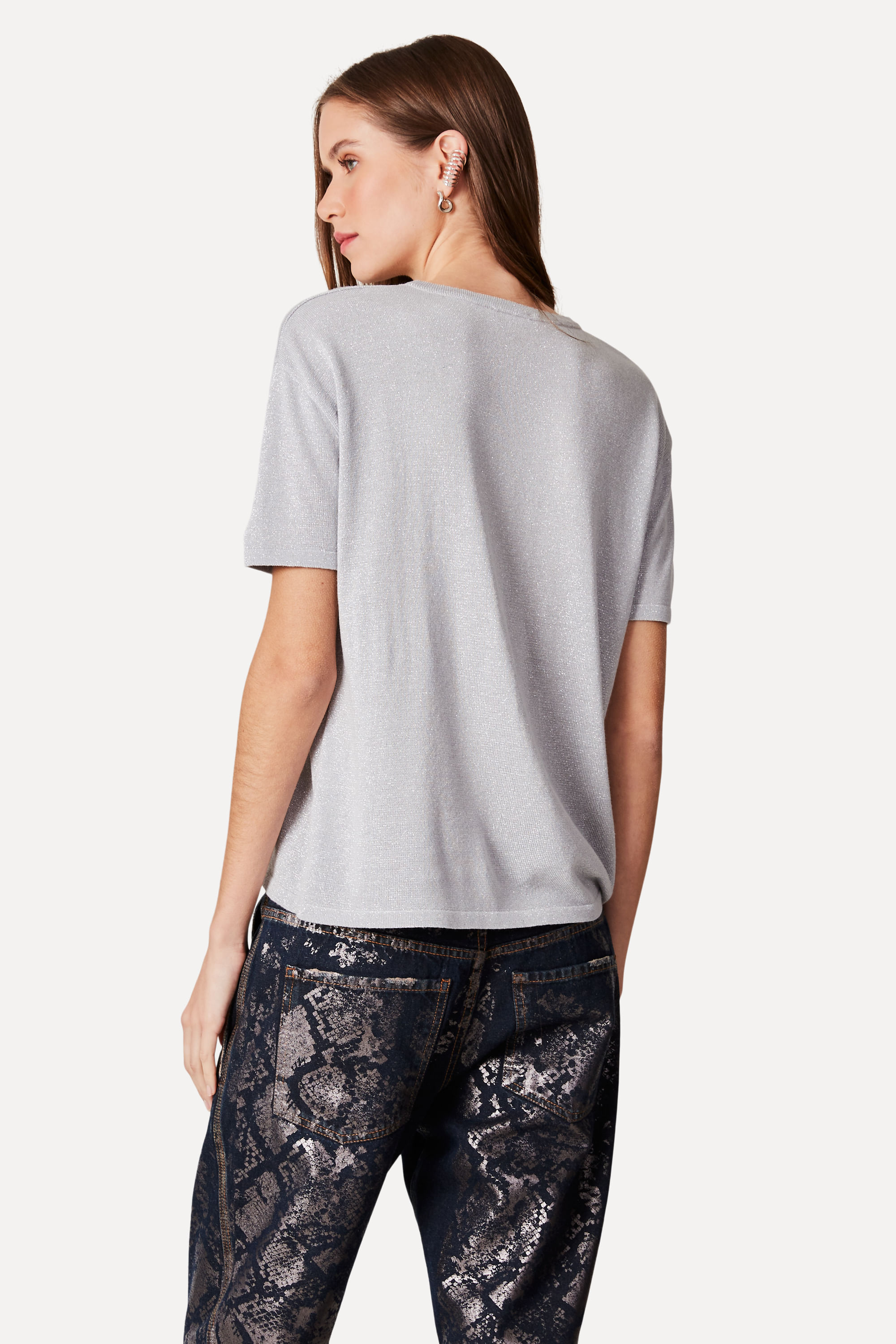 Blusa Tricot Manga Curta Lurex