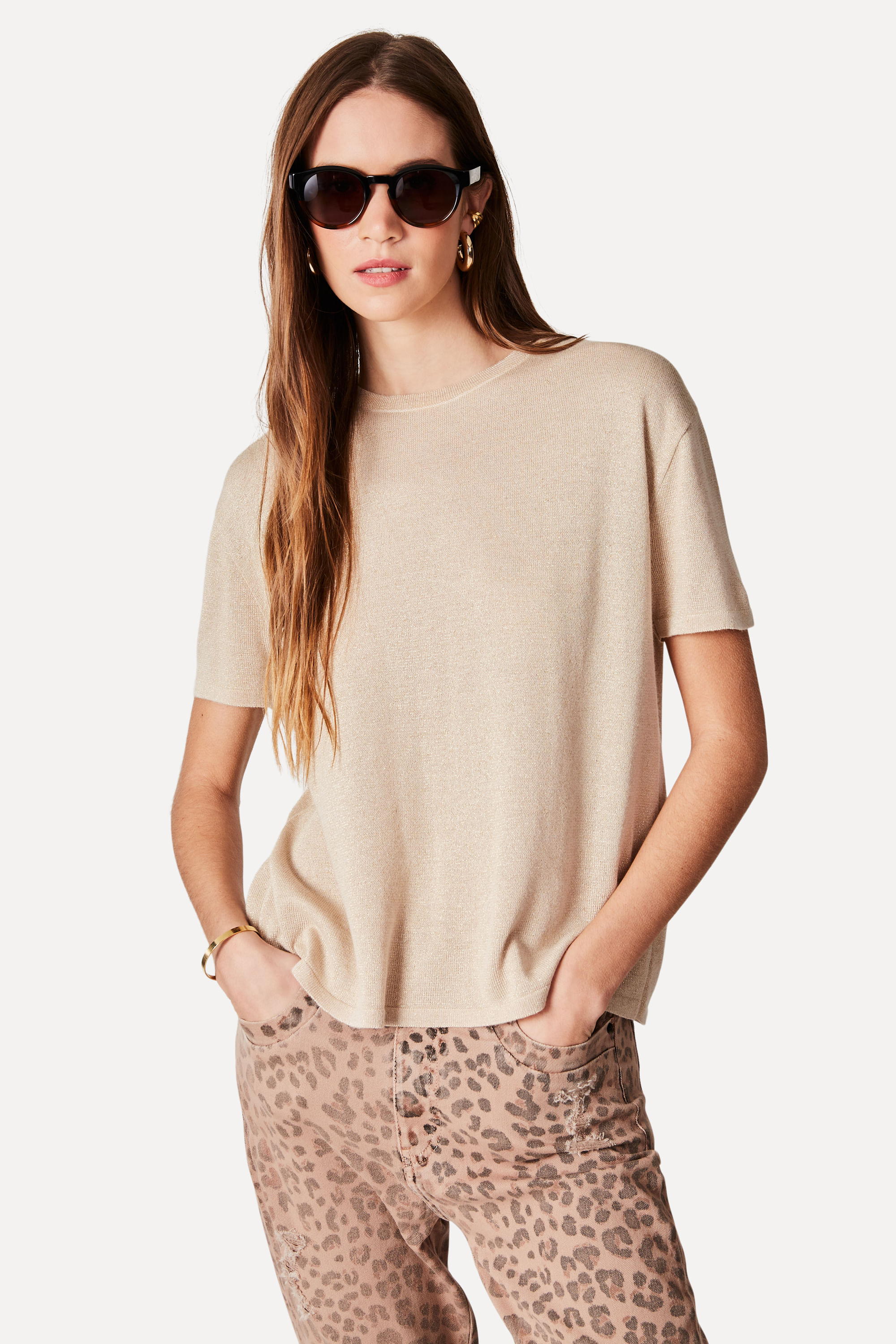 Blusa Tricot Manga Curta Lurex