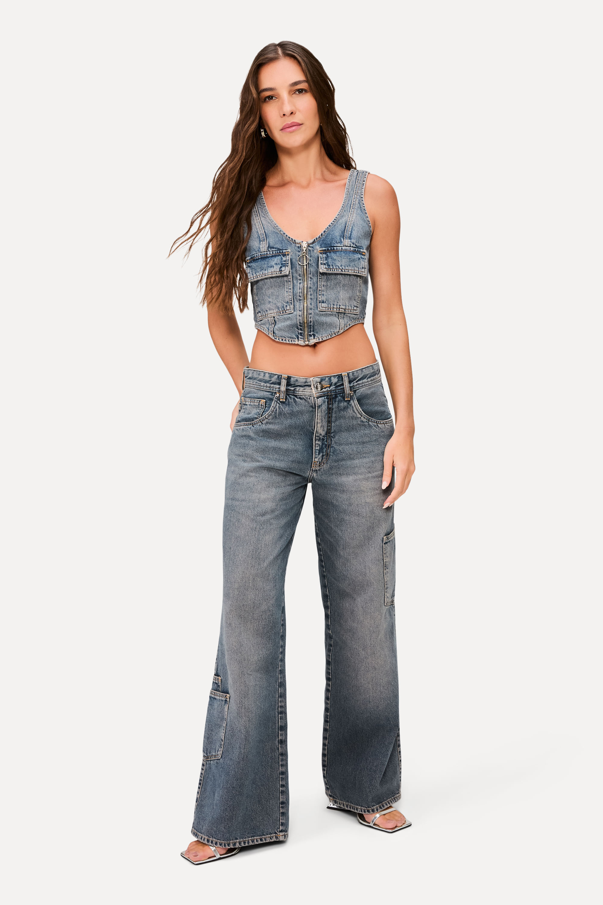 Calca Jeans Super Wide Leg Bolso Lateral