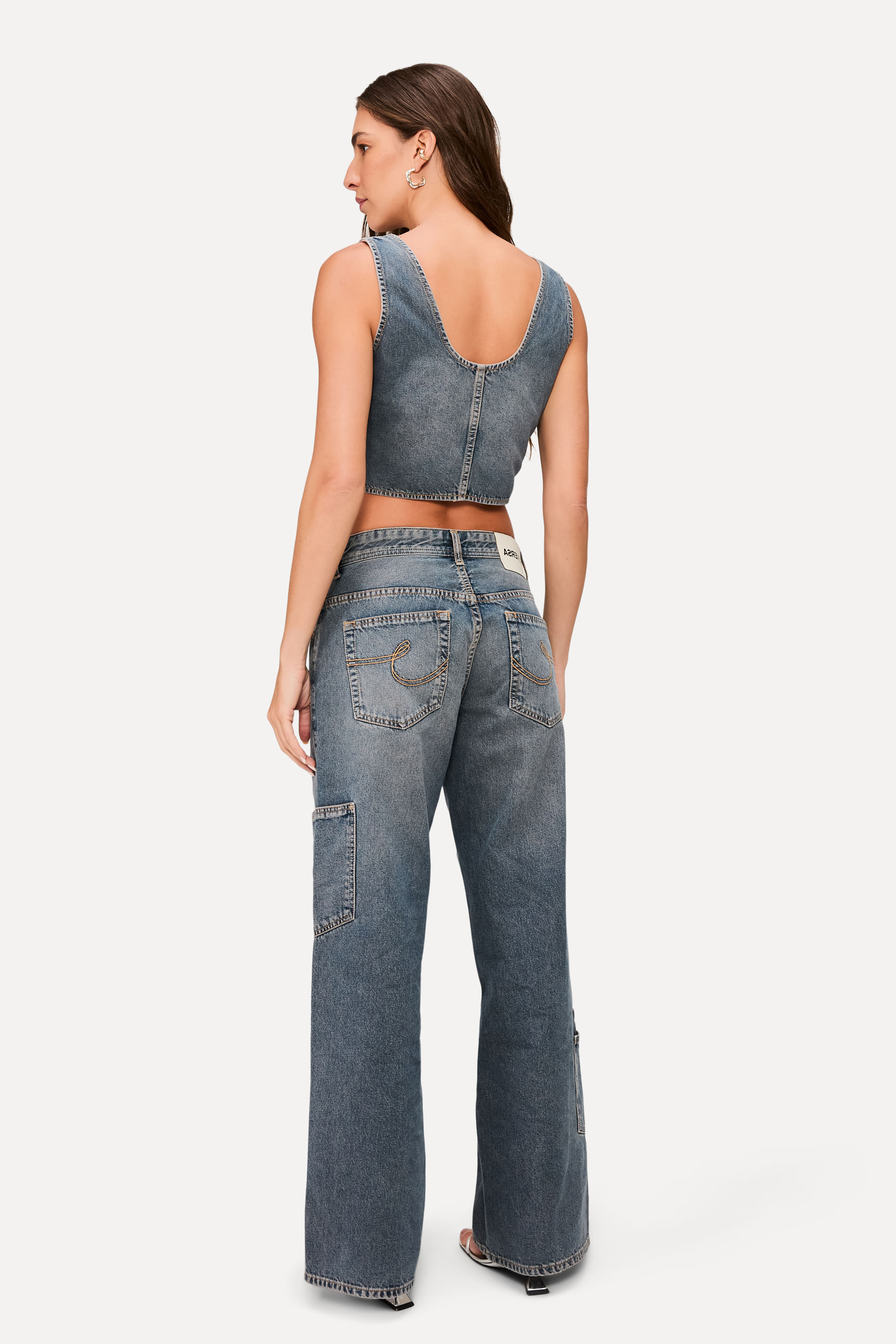 Calca Jeans Super Wide Leg Bolso Lateral