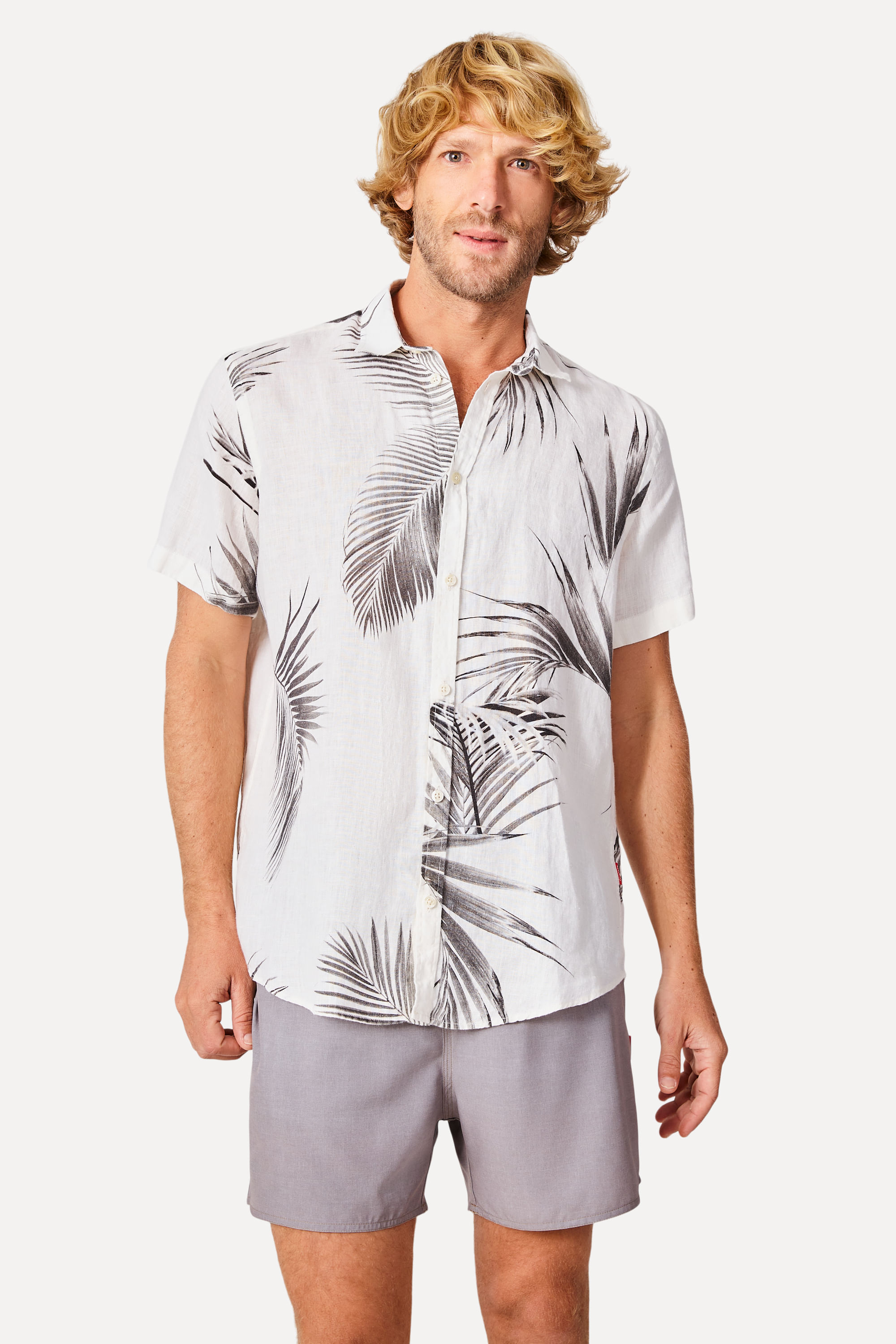 Camisa Mc Linho Estampa Folhagem Respiro